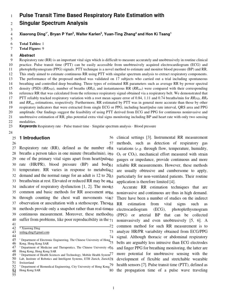 Pulse Transit Time Based Respiratory Rate Estimation With 1ad2jaureh ...