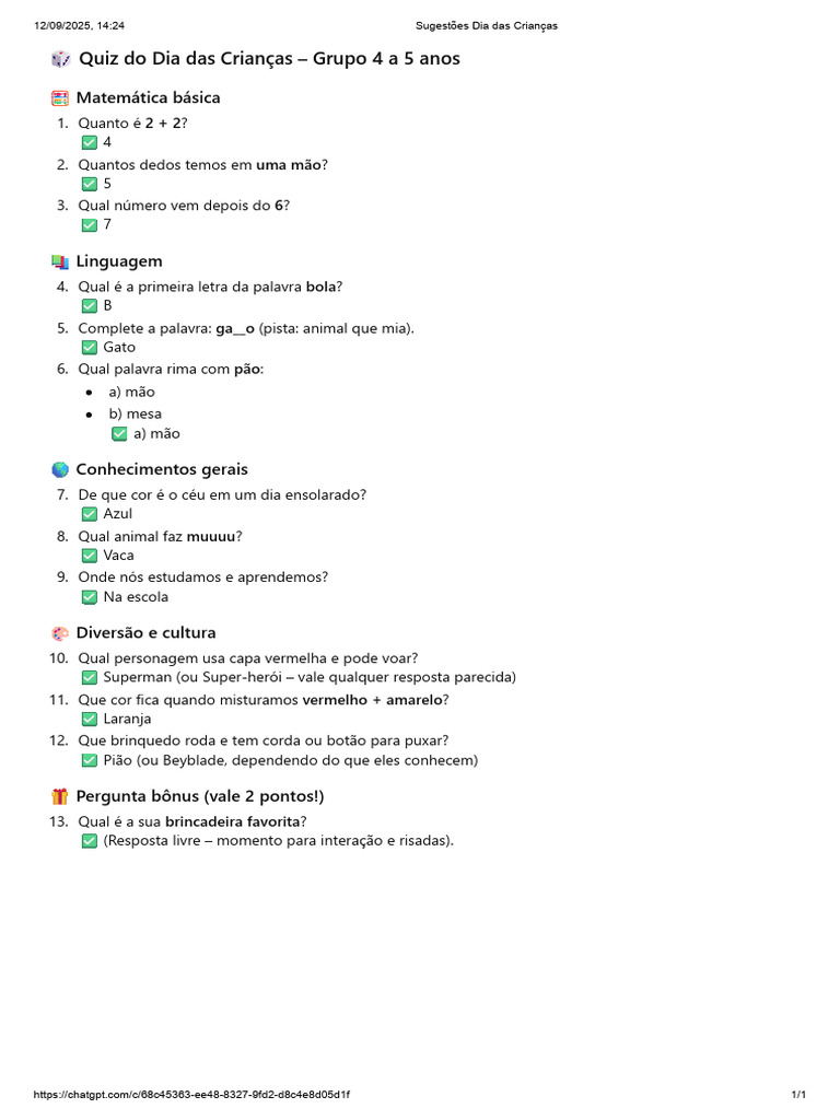 Quiz Interativo para Crianças 4-5 Anos | PDF