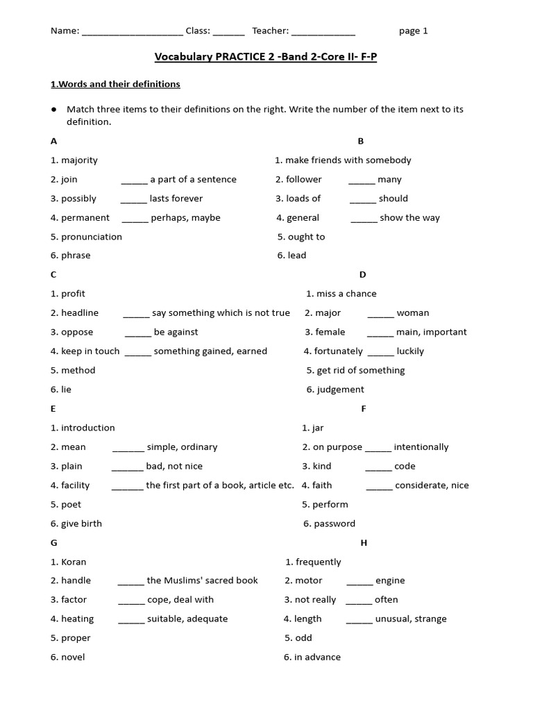 Vocabulary PRACTICE 2 - Band 2 Core 2 F-P | PDF