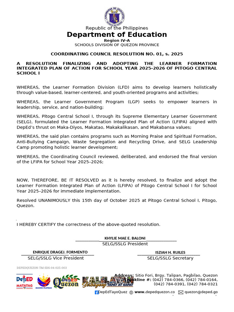 LFIPA Adoption for Pitogo Central School | PDF