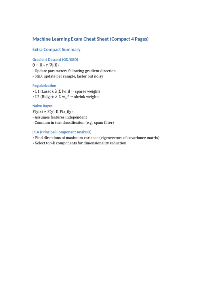 Machine Learning Exam Cheat Sheet | PDF