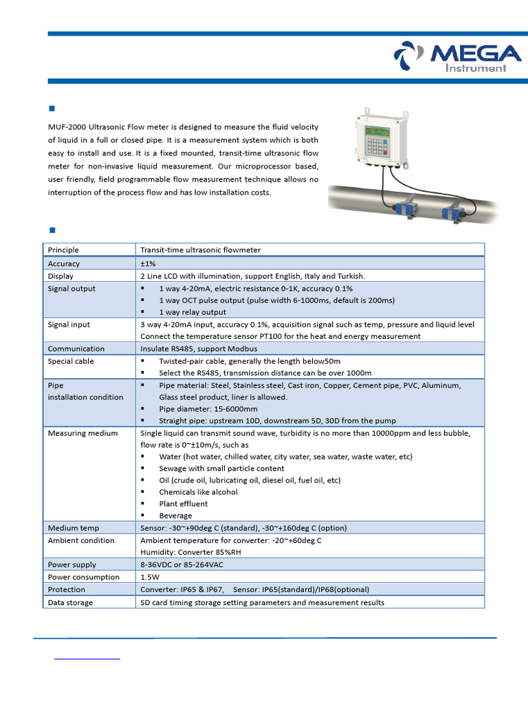MUF-2000 Ultrasonic Flow Meter Specs | PDF | Flow Measurement ...
