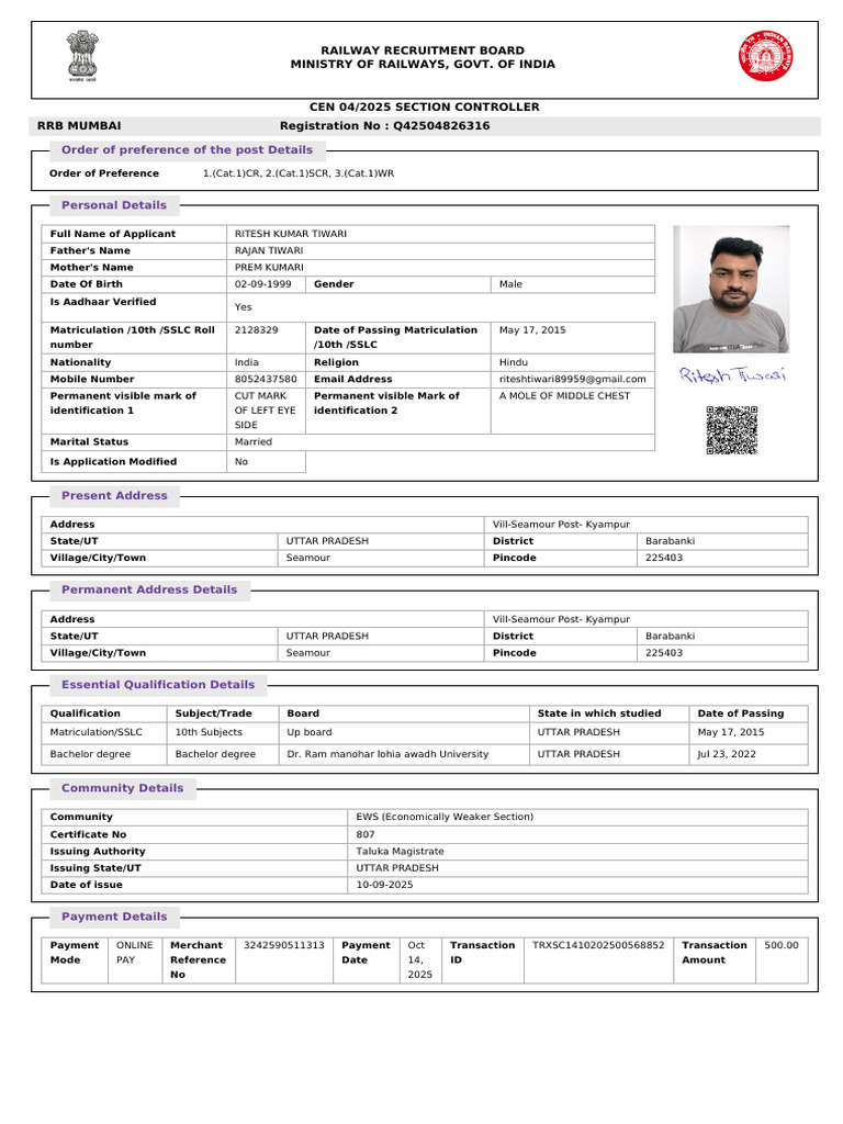 RRB Mumbai CEN 04/2025 Section Controller Application | PDF