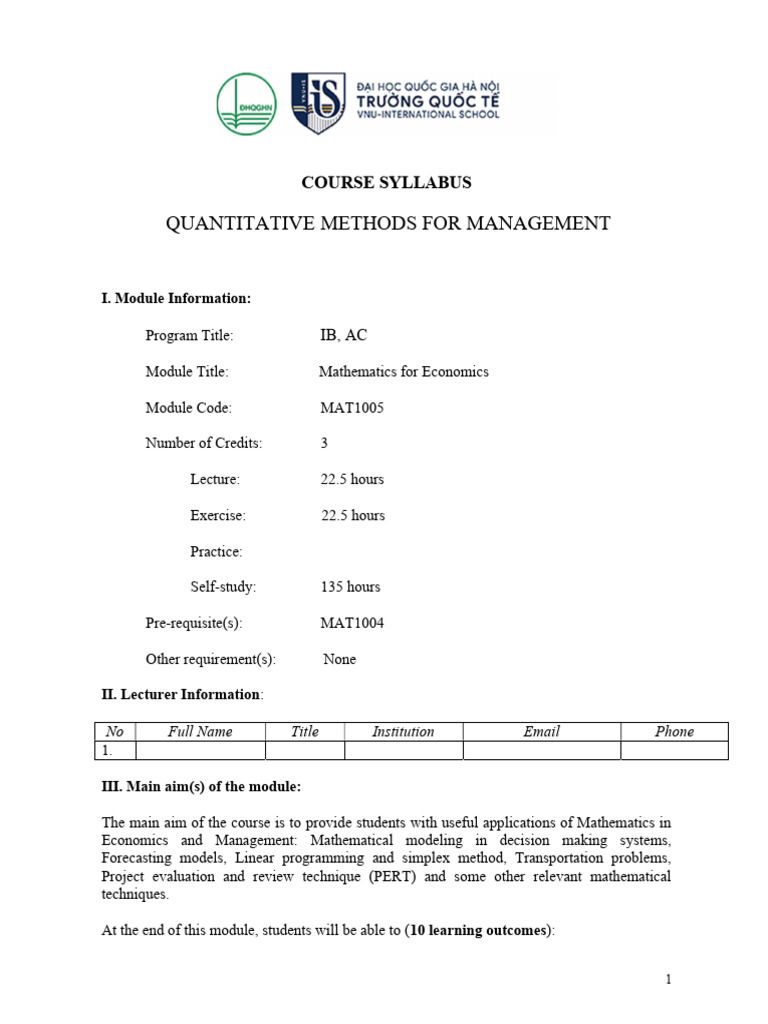 Quantitative Methods for Management Syllabus | PDF | Linear Programming ...