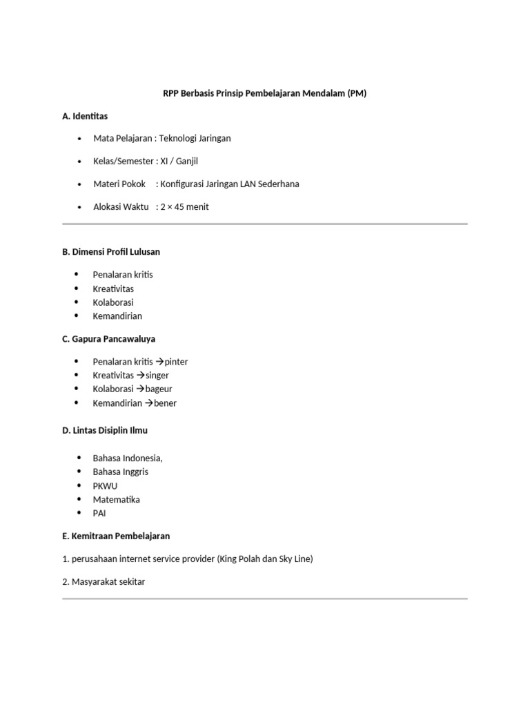 RPP Berbasis Prinsip Pembelajaran Mendalam TKJ (1) | PDF