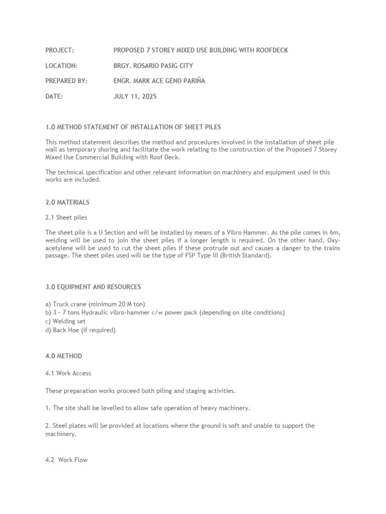 Sheet Pile Installation Method Statement | PDF | Civil Engineering