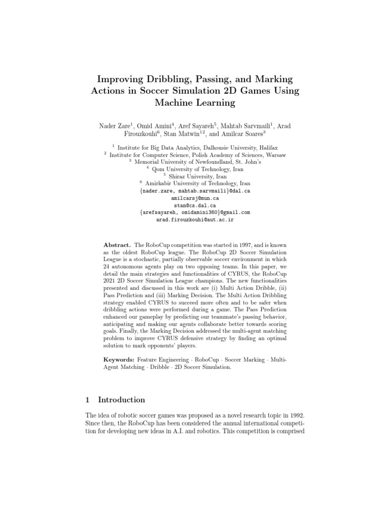Machine Learning in 2D Soccer Simulation | PDF | Deep Learning ...