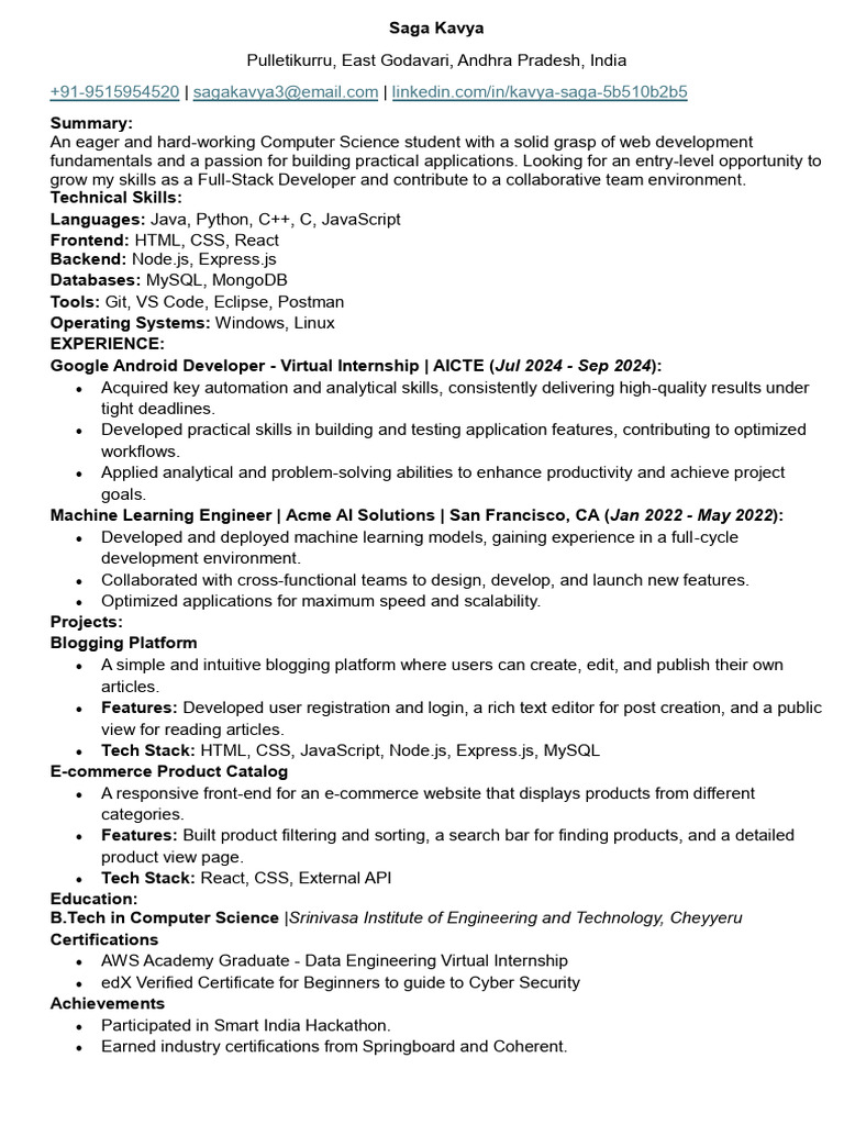 Entry-Level Full-Stack Developer Resume | PDF | Web Development | Computing