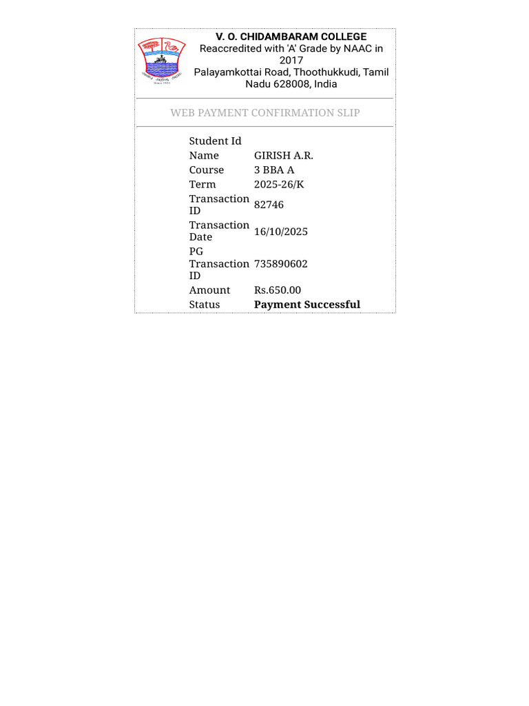 V.O. Chidambaram College Payment Slip | PDF