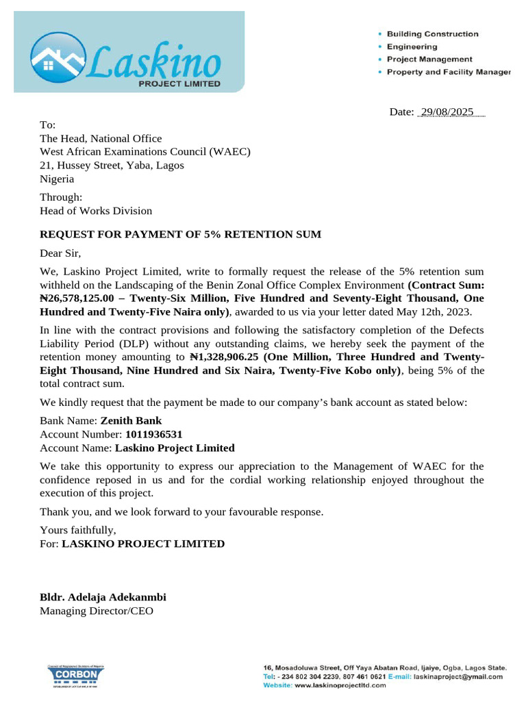 Request for WAEC Retention Payment | PDF
