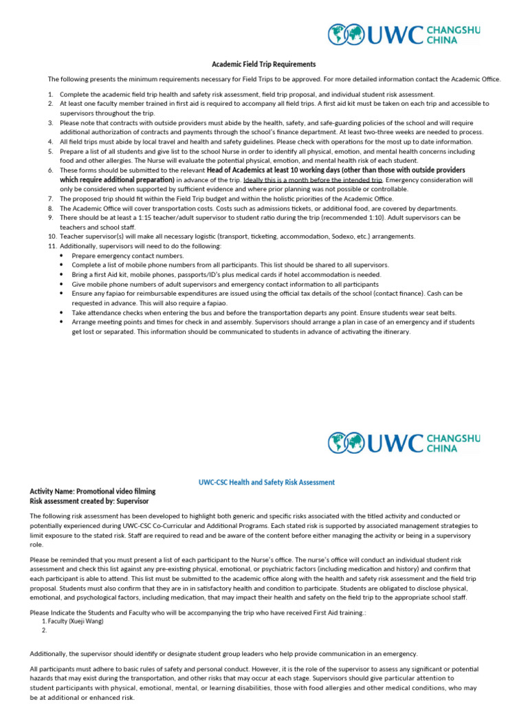 UWC-CSC Field Trip Policy and Risk Assessment 2021-2022 1 | PDF | Risk ...