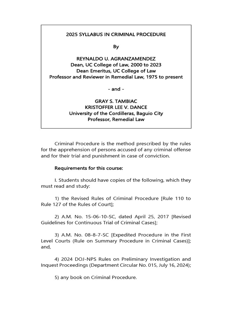 2023 Criminal Procedure Syllabus | PDF | Arraignment | Plea
