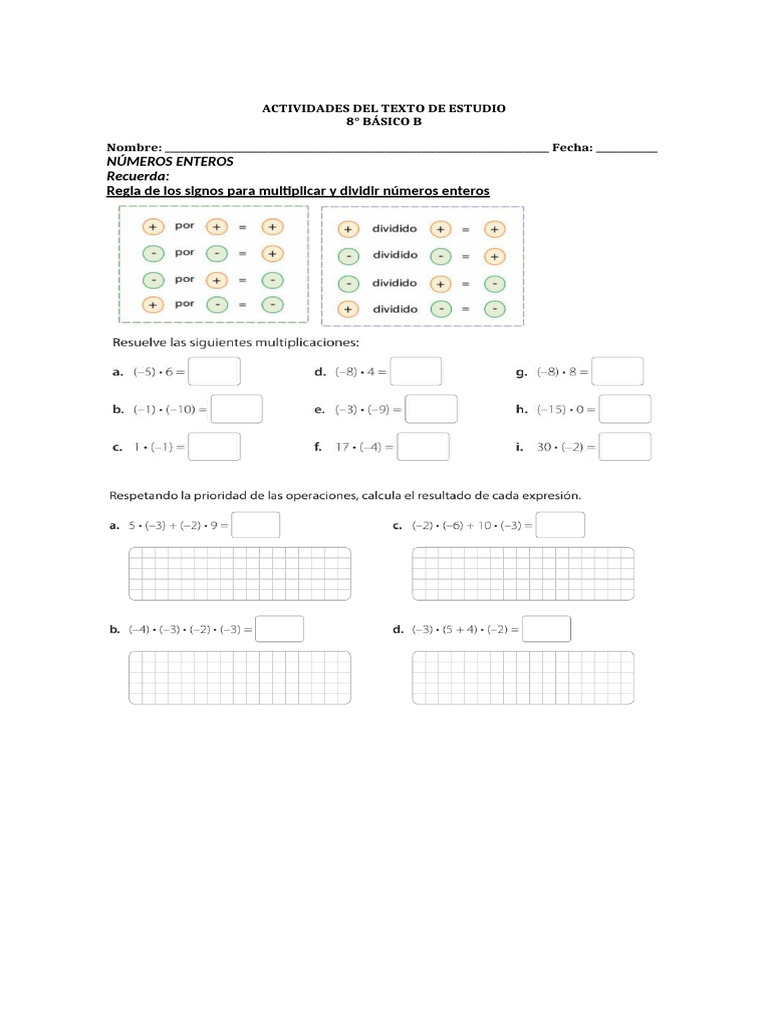 Números Enteros: Actividades 8° Básico | PDF