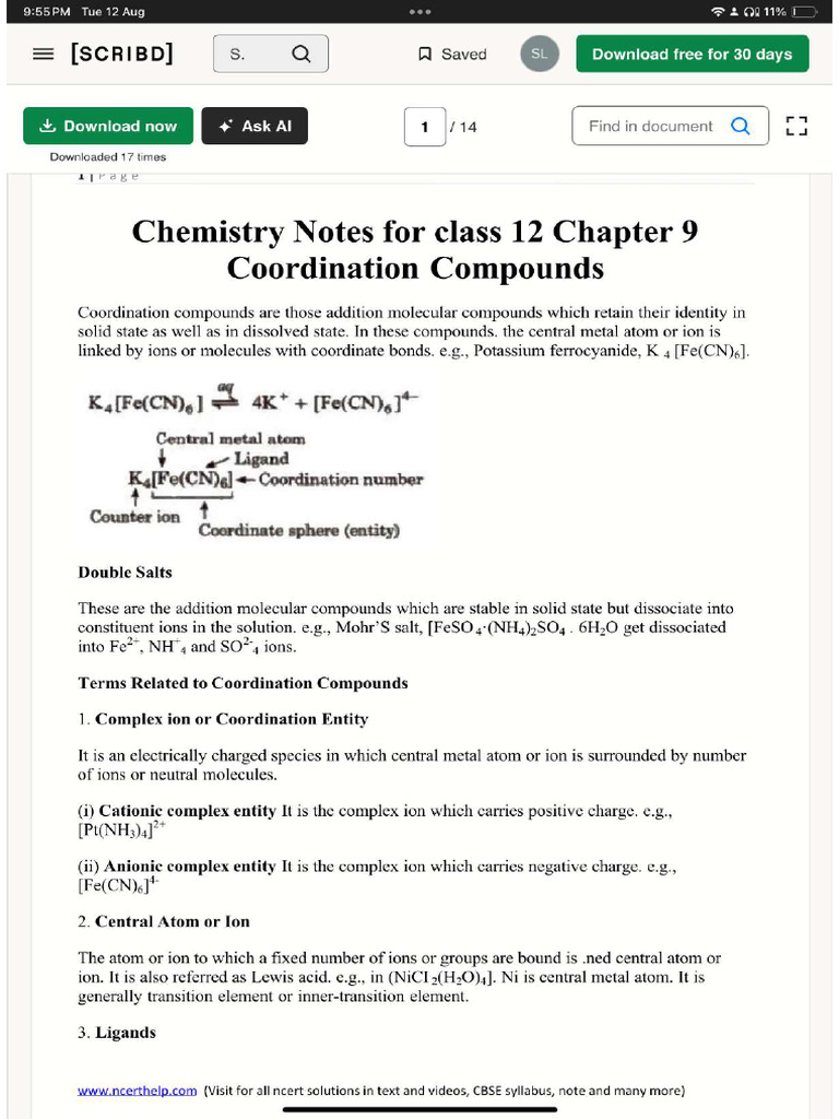 Coordination Compounds Notes | PDF