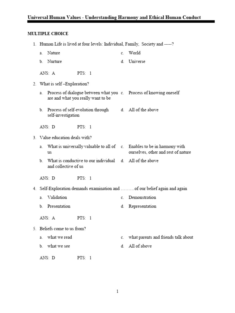 Universal Human Values and Ethics Quiz | PDF | Consciousness | Feeling