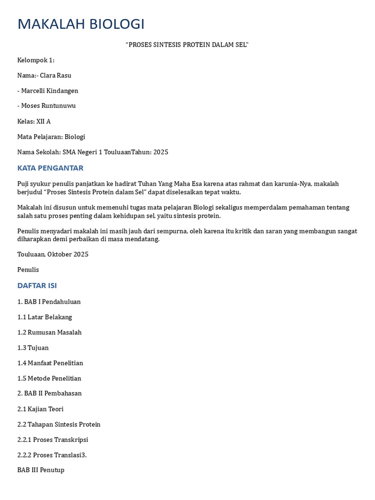 Makalah Biologi Sintesis Protein - Docx 20251022 215518 0000 | PDF