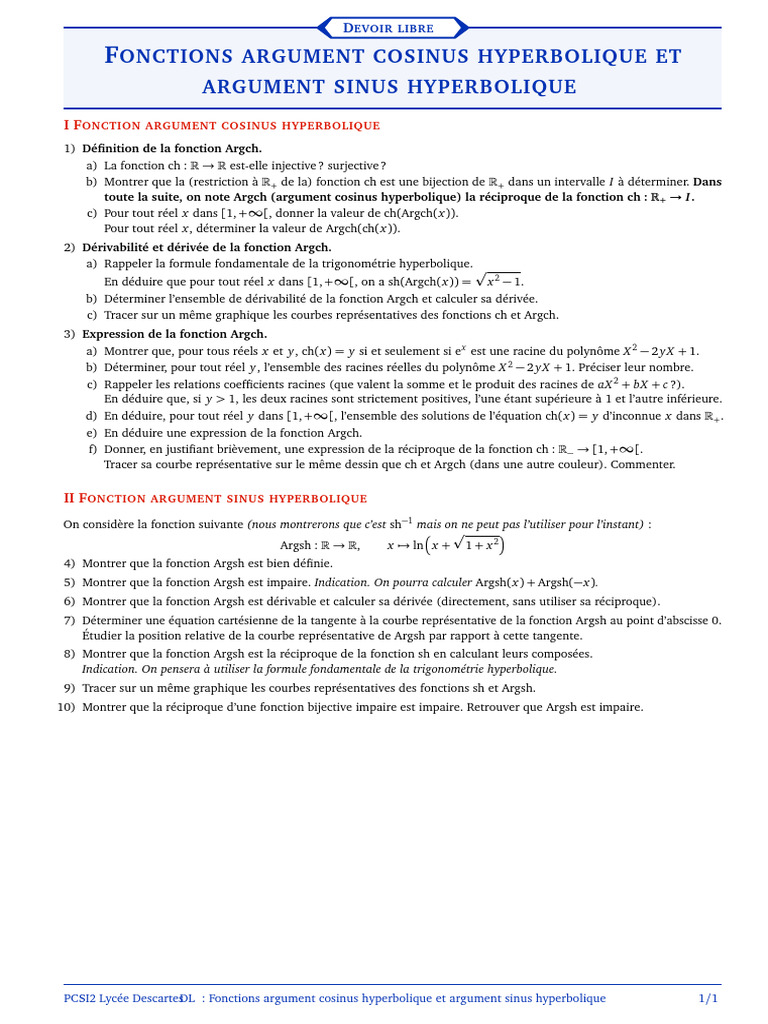 Fonctions Argch et Argsh : Étude détaillée | PDF | Fonction ...