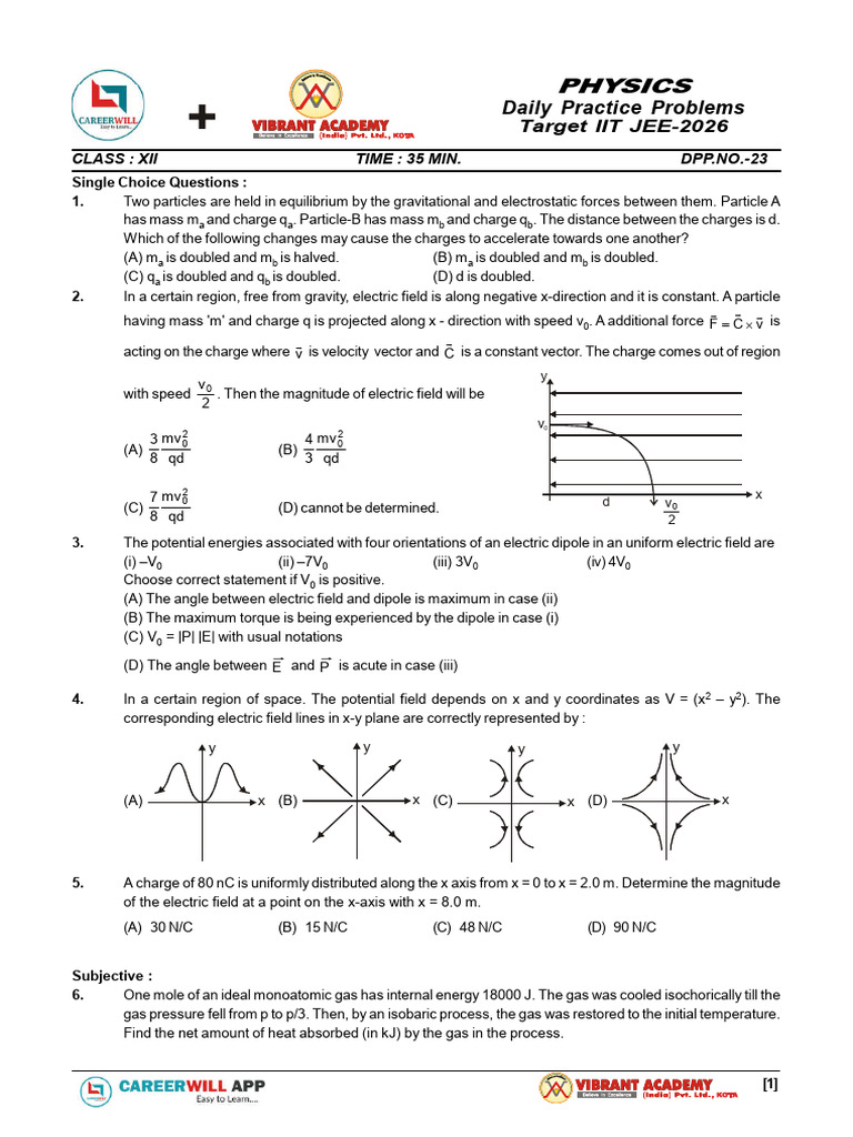 Physics Practice Problems for IIT JEE 2026 | PDF | Force | Electric Field