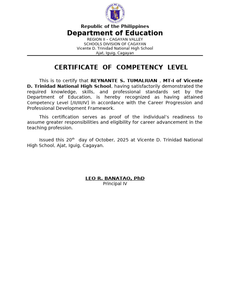Certificate of Competency Level Issued | PDF