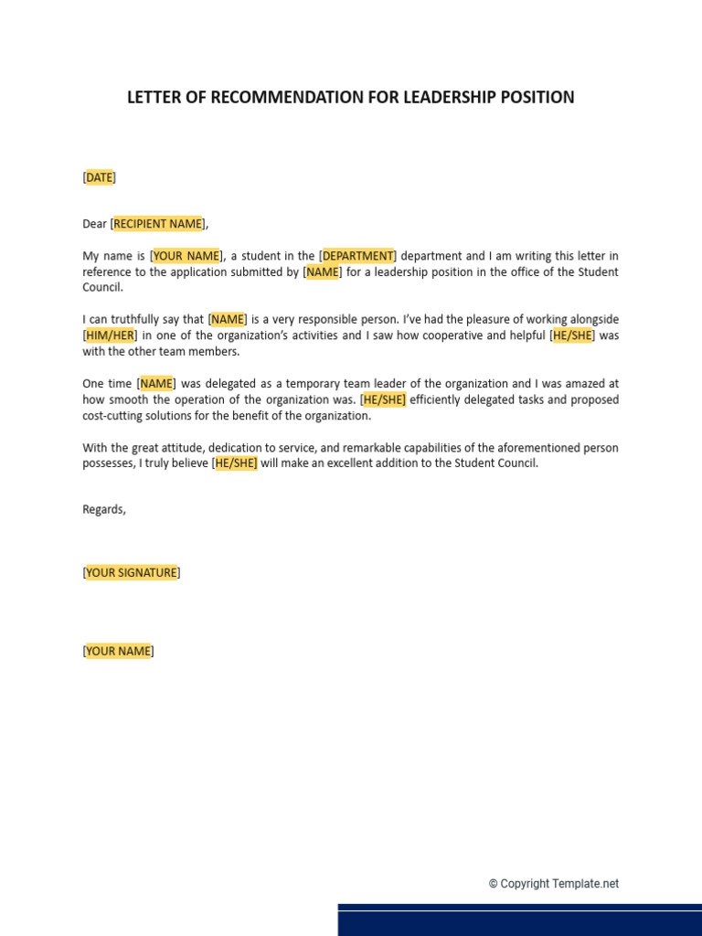 Recommendation Letter for Student Leadership | PDF