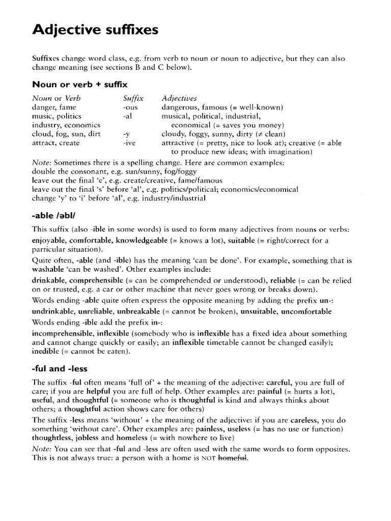 Adjectives Suffixes Exercises 1 | PDF