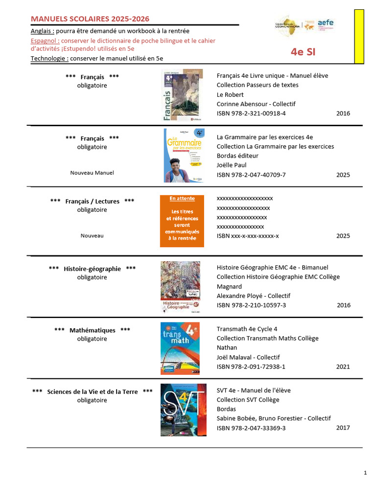 Fournitures scolaires 4e SI 2025-2026 | PDF | Crayon