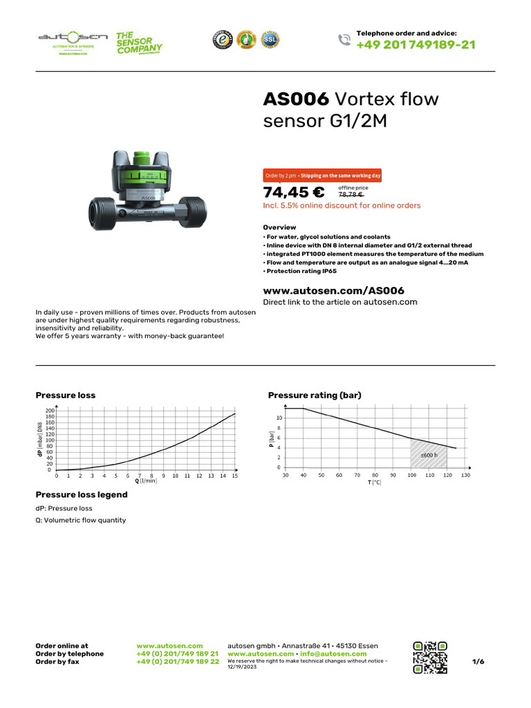 Vortex Flow Sensor AS006 Specifications | PDF | Electricity ...