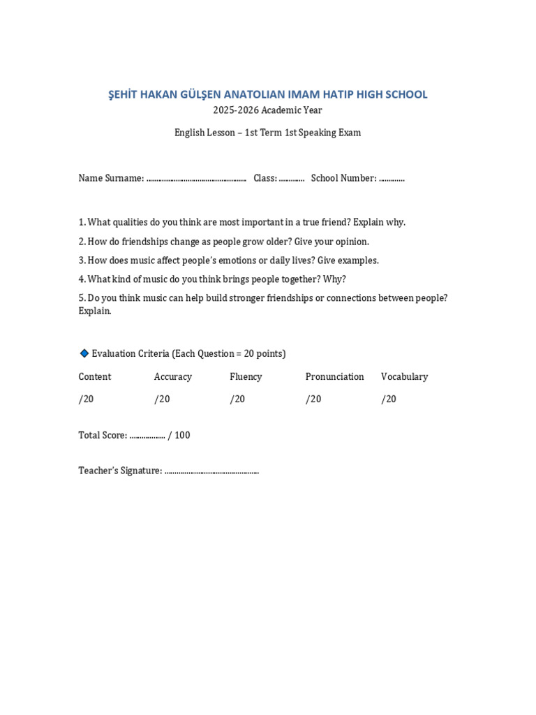 11th Grade Speaking Exam Friendship Music | PDF