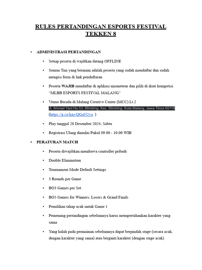Rules Pertandingan Esports Festival Tekken 8 | PDF