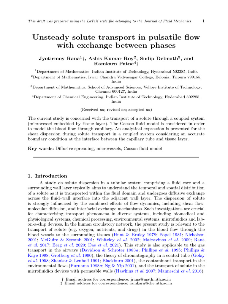 Unsteady Solute Transport in Pulsatile Flow | PDF | Fluid Dynamics ...