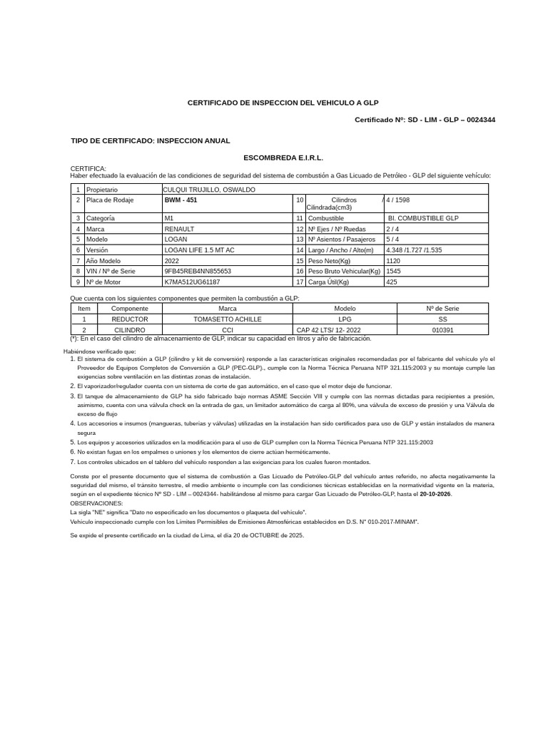 Certificado Inspección GLP 2025 | PDF | Gas de petróleo licuado