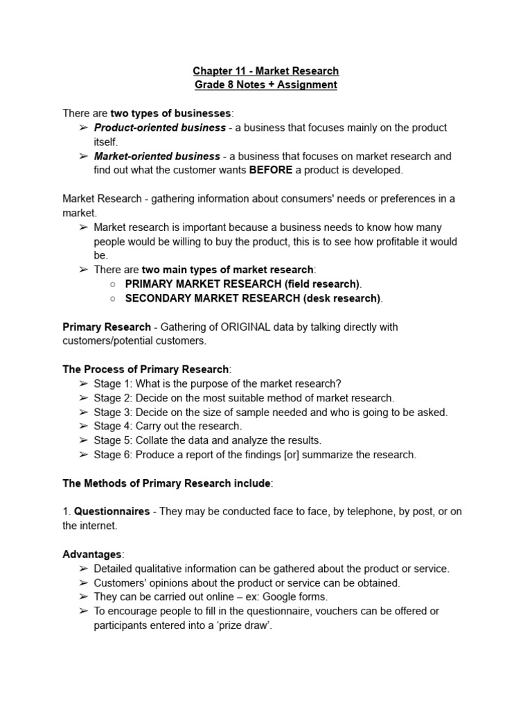 Chapter 11 - Market Research (Notes+Task) | PDF | Marketing Research ...