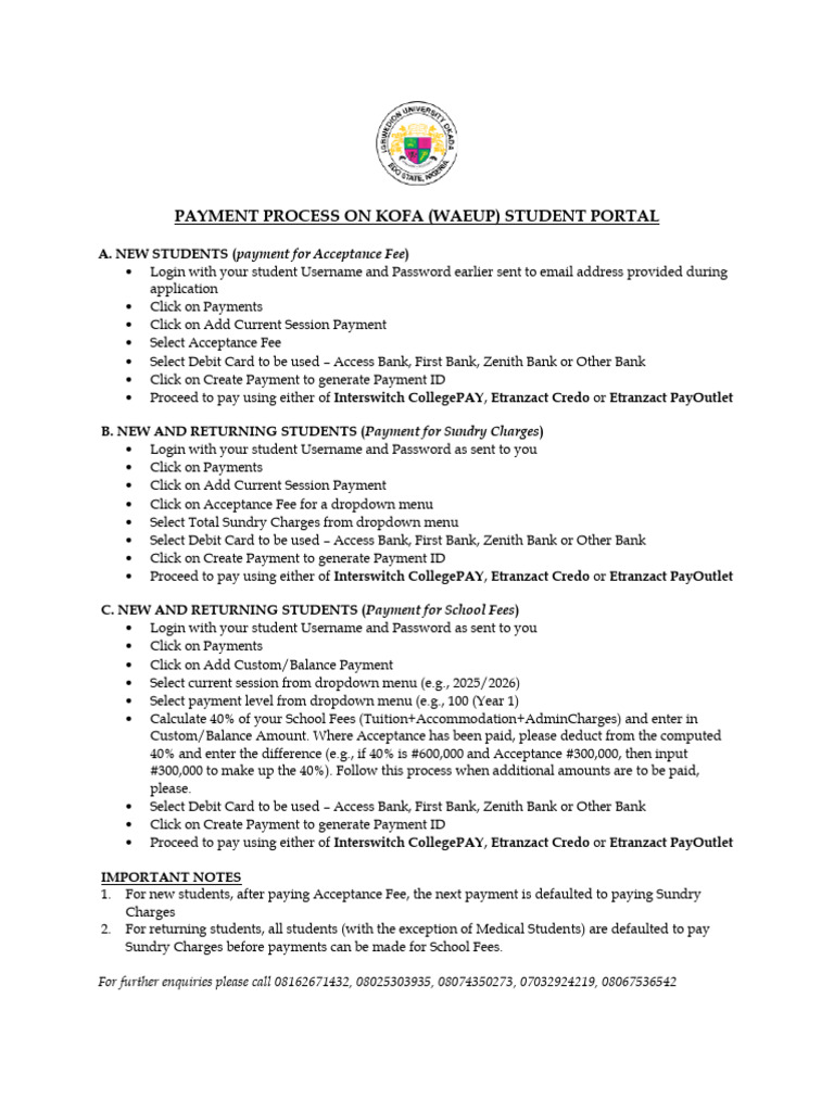 Kofa Student Portal Payment Guide | PDF