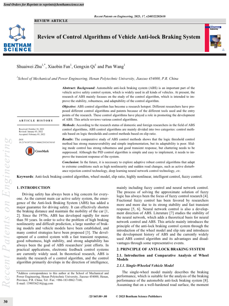 Review of Vehicle ABS Control Algorithms | PDF | Anti Lock Braking ...