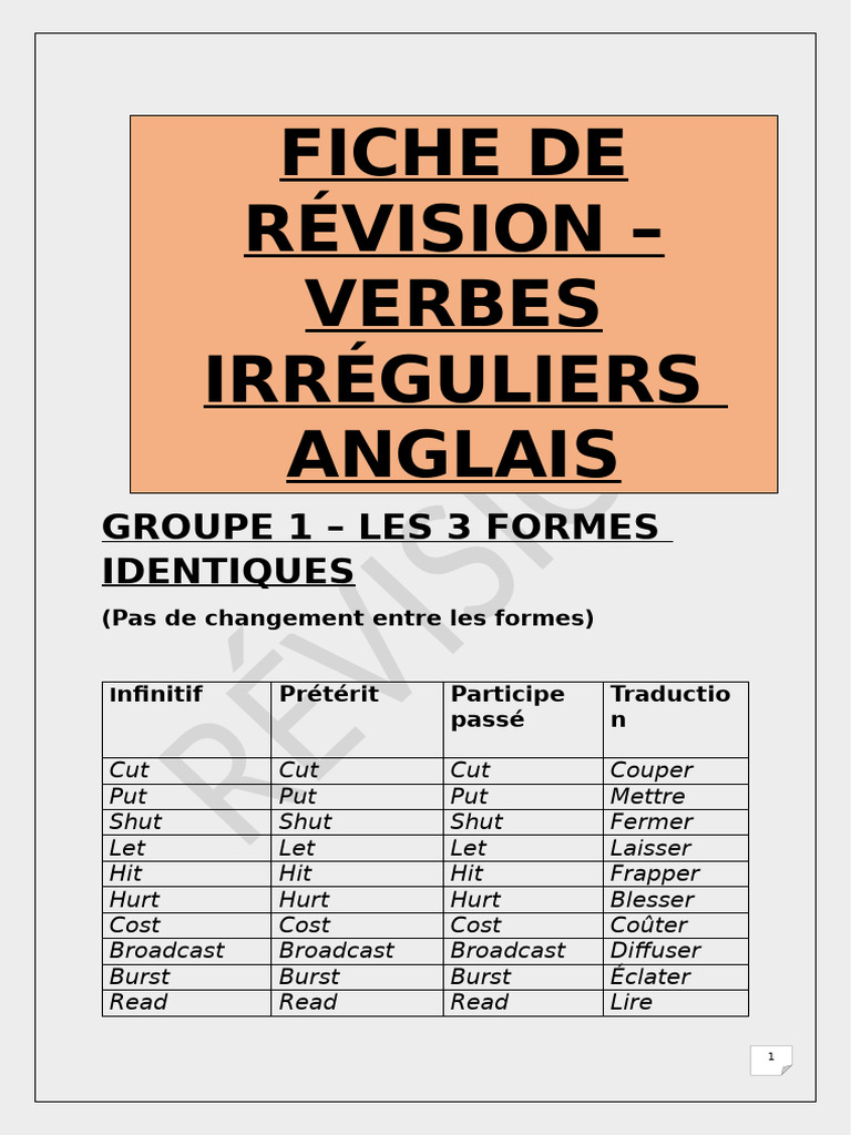Révision des verbes irréguliers anglais | PDF | Vocabulaire | Relations ...