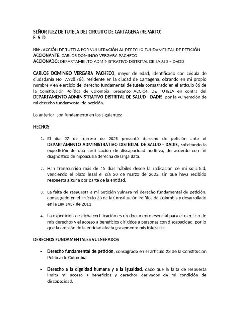 Accion de Tutela - DP Dadis | PDF | Derecho Constitucional | Petición