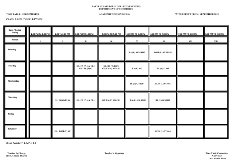 B.Com 1st Sem Odd Semester Timetable | PDF