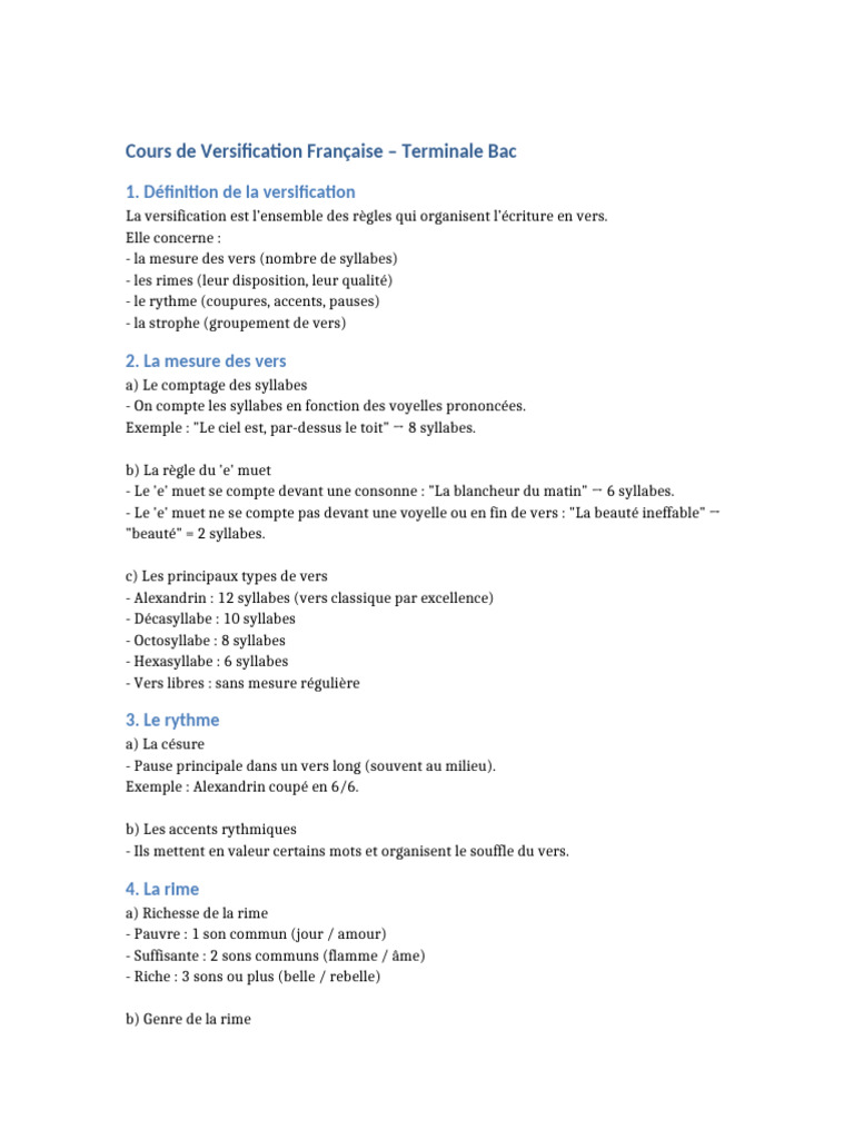 Cours de Versification pour Terminale | PDF
