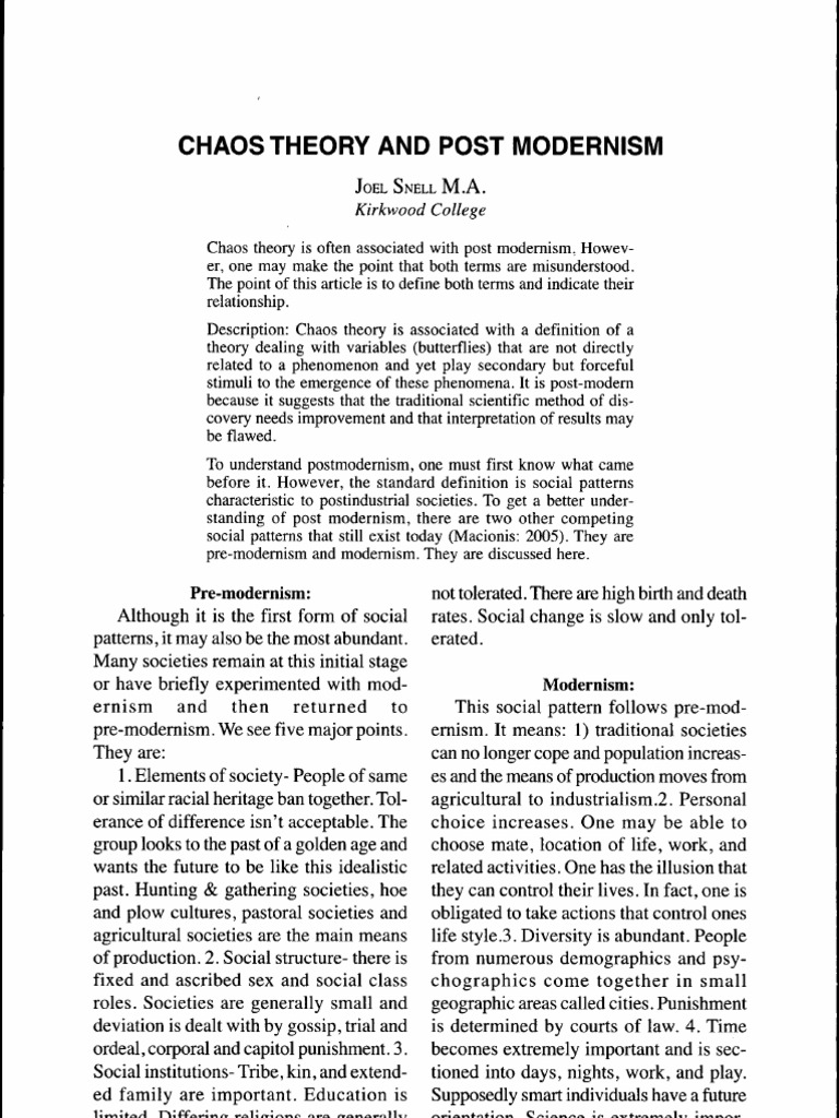 Chaos Theory And Post Modernism Pdf Society Postmodernism