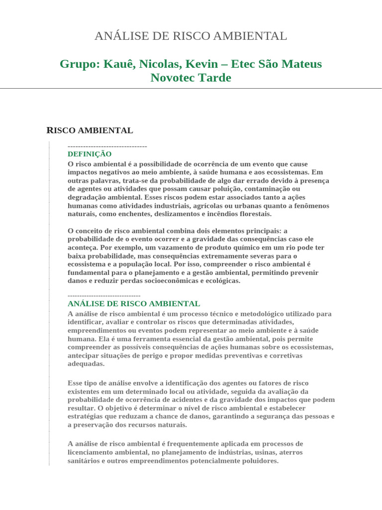 Análise de Risco Ambiental Detalhada | PDF | Ambiente natural | Risco