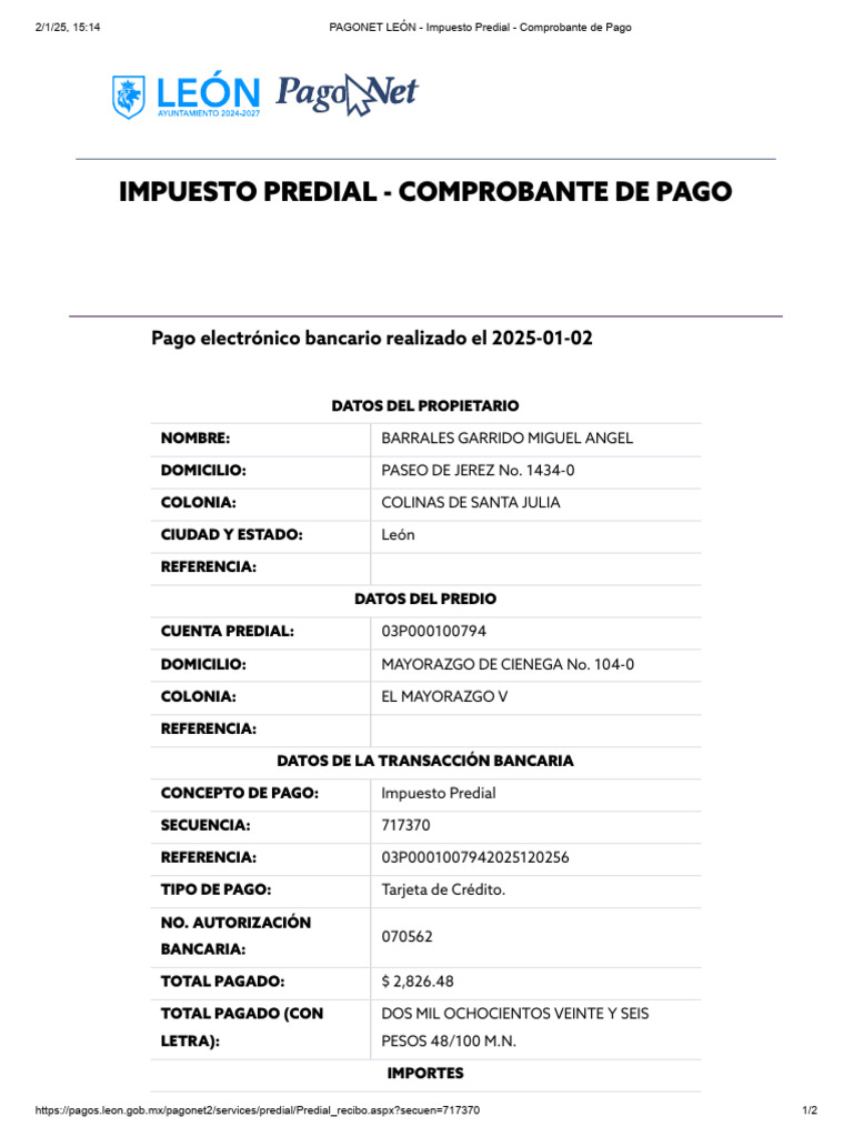 Comprobante de Pago Impuesto Predial León | PDF | Tecnología bancaria ...