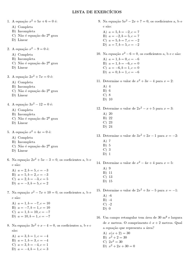 Exercícios de Equações do 2º Grau | PDF | Matemática