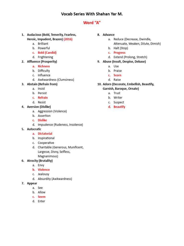 Vocabulary Series: Words Starting with A | PDF