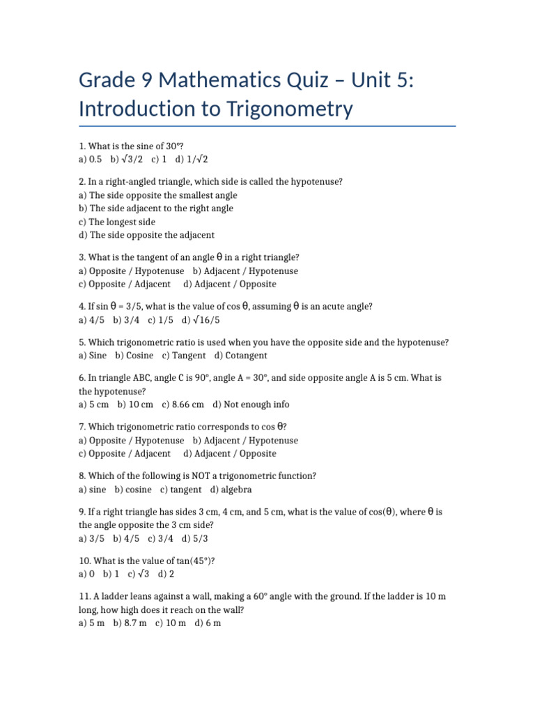 Grade 9 Trigonometry Quiz Questions | PDF | Trigonometric Functions ...