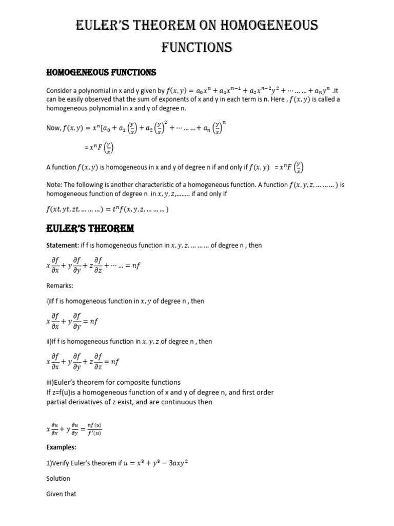 Euler's Theorem and Homogeneous Functions | PDF | Equations | Calculus
