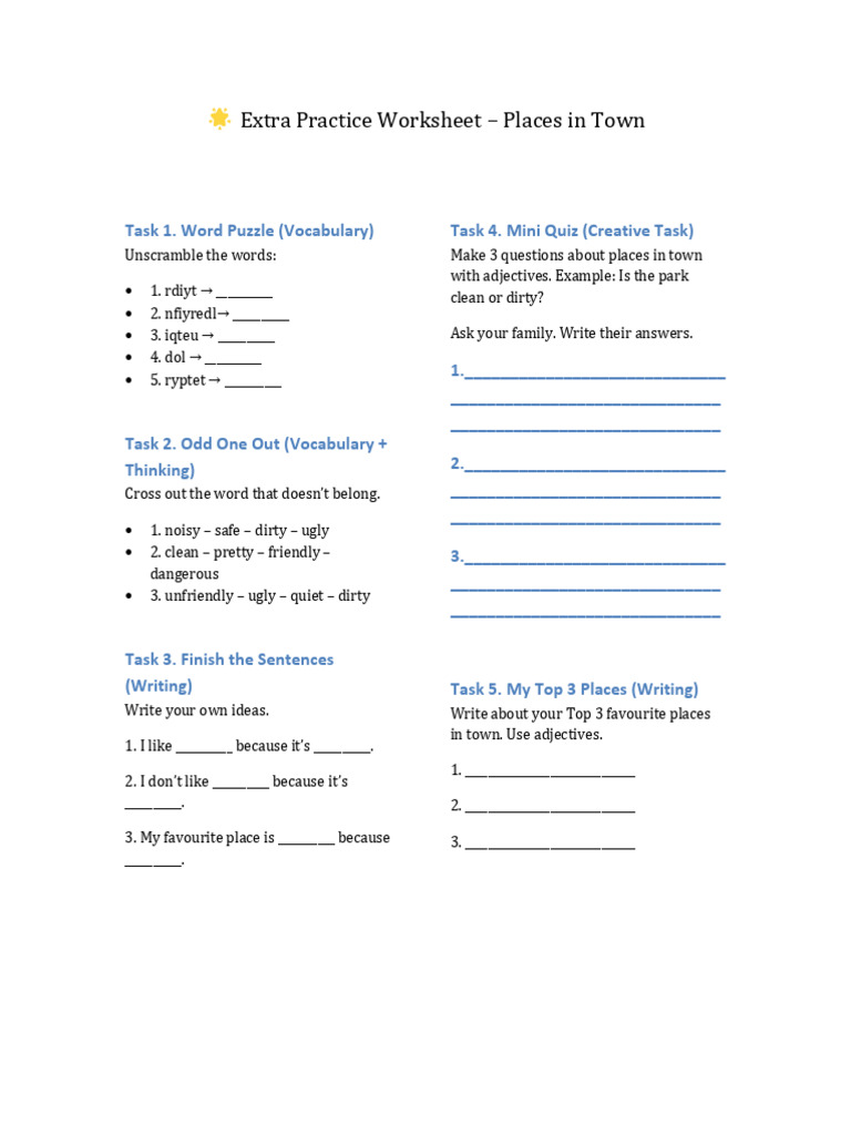 Places in Town Practice Worksheet | PDF