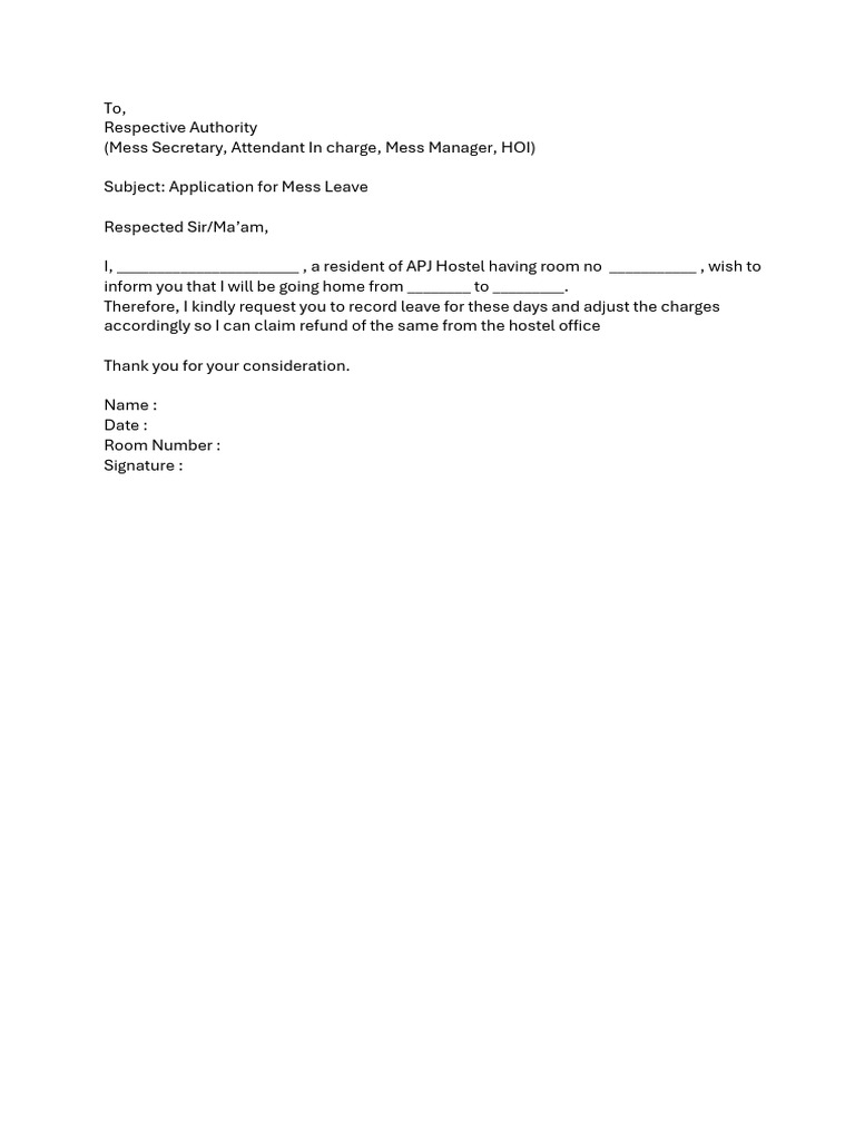 Mess Leave Application - APJ | PDF