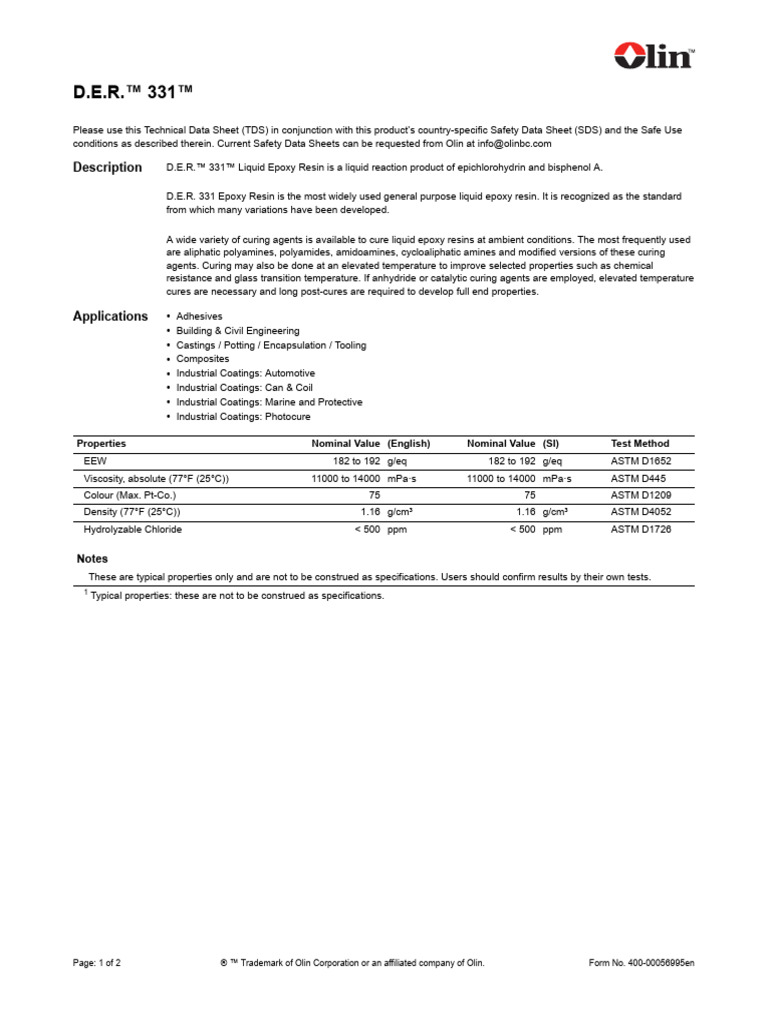 D.E.R.™ 331™ Liquid Epoxy Resin TDS | PDF | Epoxy | Materials Science