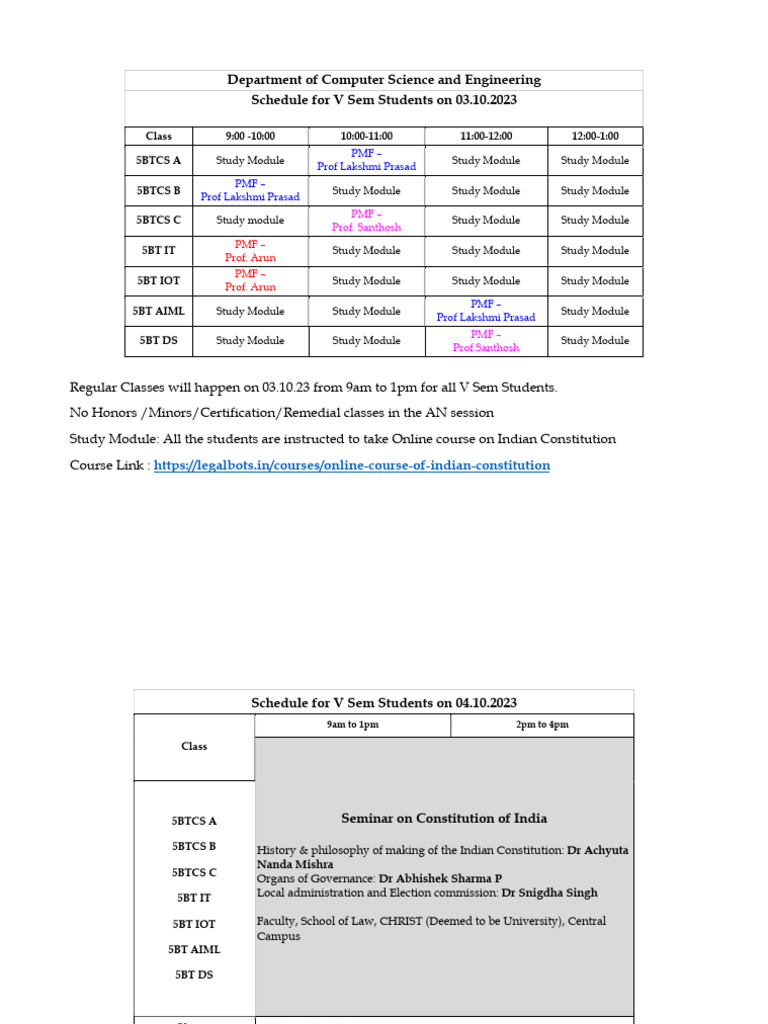 V Semester Class Schedule For 3rd & 4th October 2023 | PDF