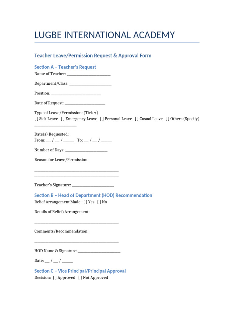 Teacher Leave Approval Form PDF | PDF